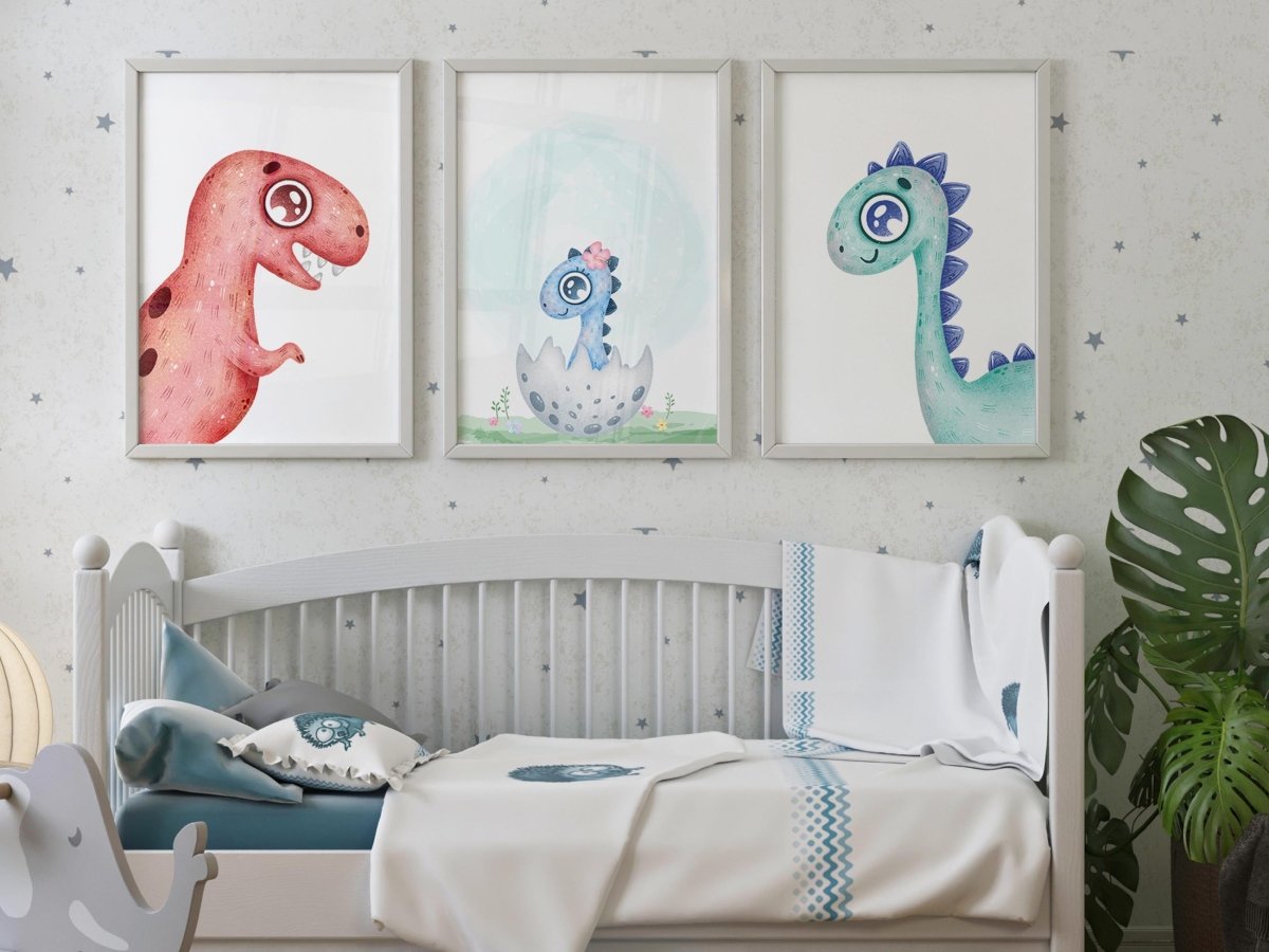 3 Piece Wall Art: Old World Dinosaur Safari Nursery Decor Set | Unique Jungle Nursery Wall Art | Baby Shower or New Baby Gift - Zeinnas
