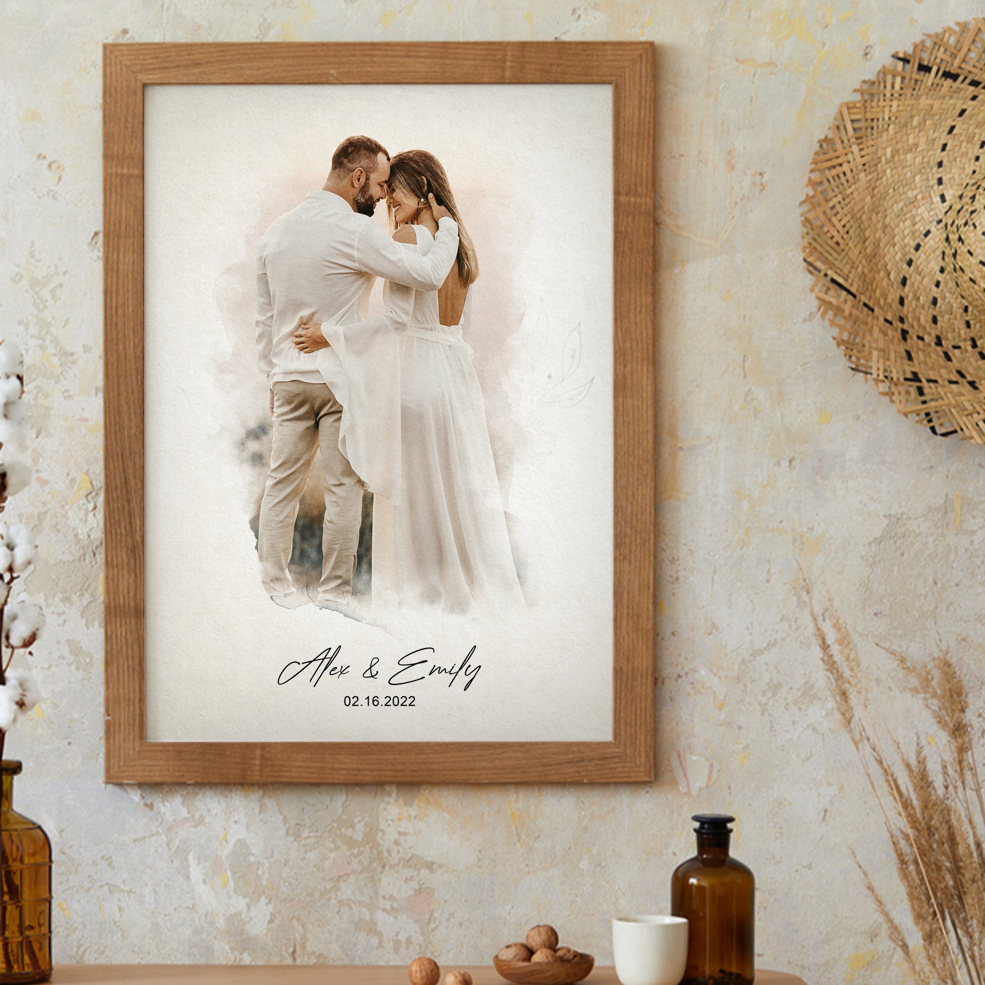 Happy couple embraces, framed canvas on wall, meaningful gift.