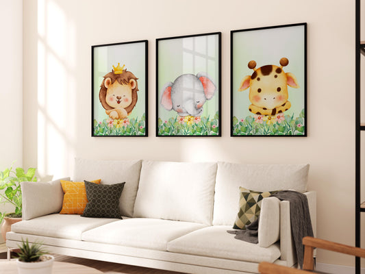 Three custom animal-themed baby shower prints in framed canvas.