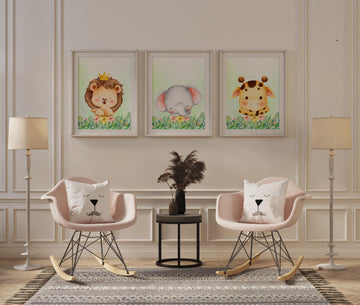 Three custom animal-themed baby shower prints in framed canvas.