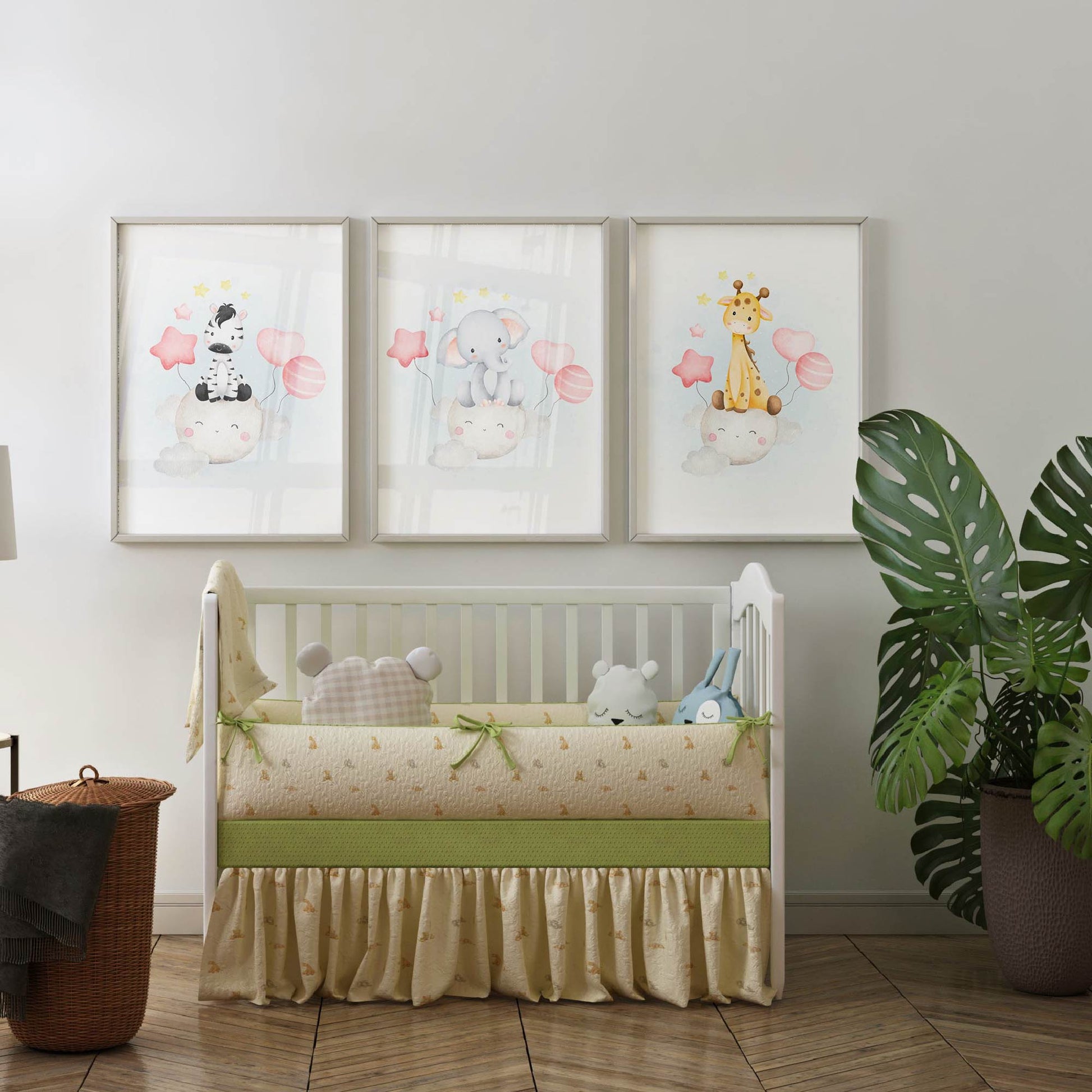 Three personalized animal-themed prints for a baby shower, framed on canvas.
