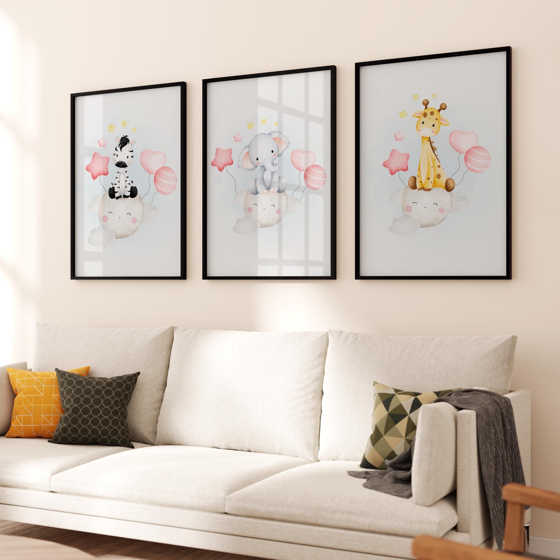 Three framed canvas prints: Personalized animal decor for baby shower.