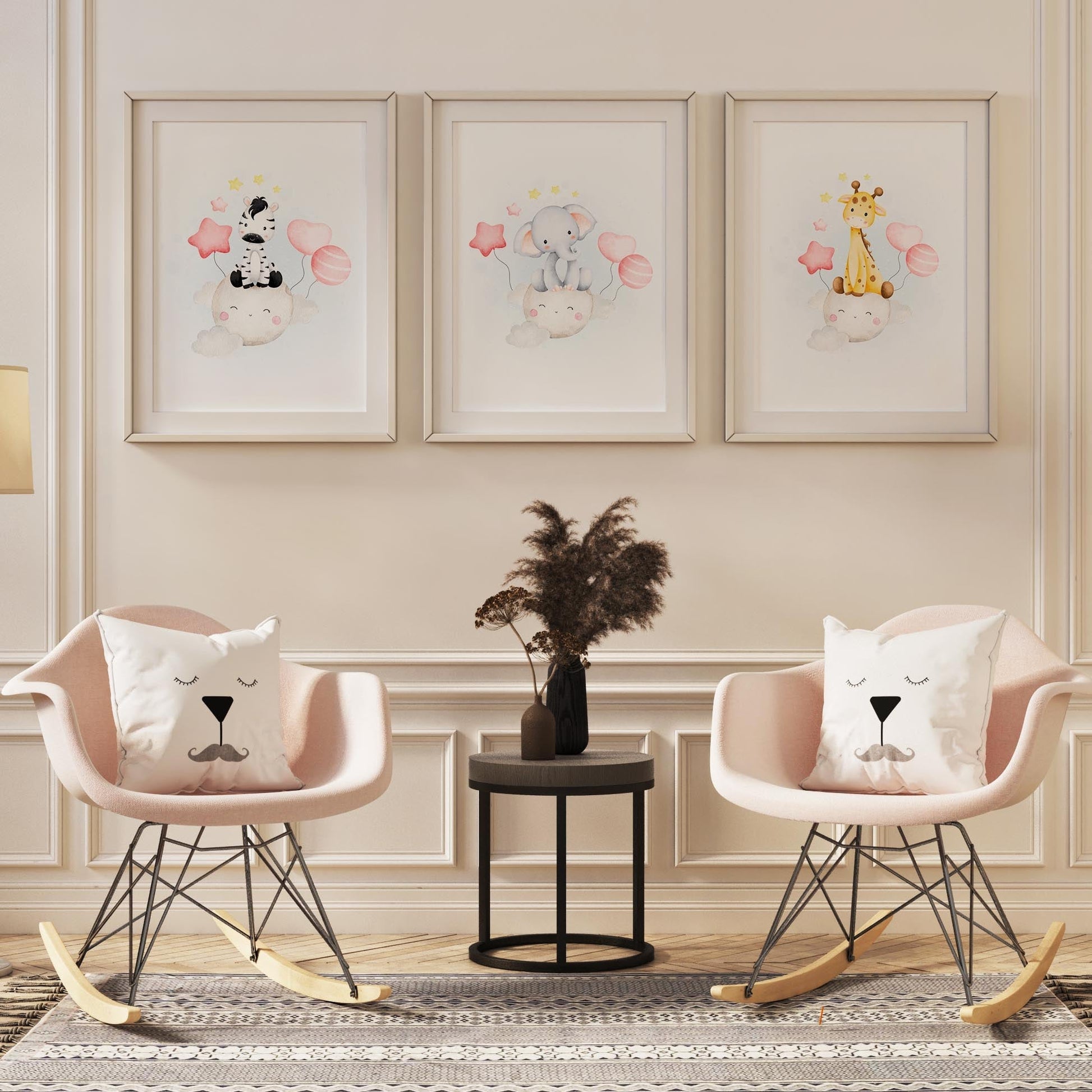 Three personalized animal-themed baby shower prints in framed canvas.