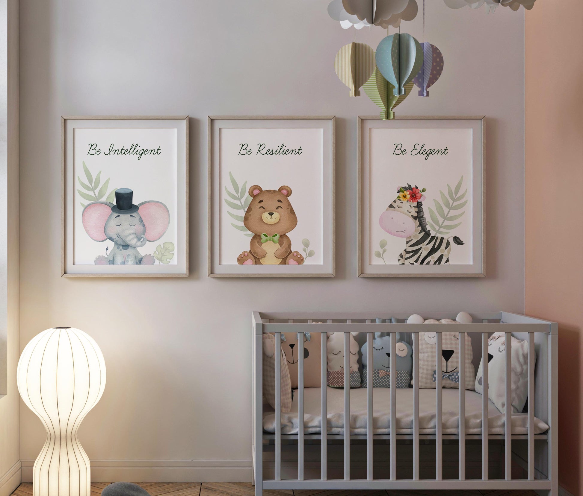 Set of 3 adorable animal prints for kids' room decor.