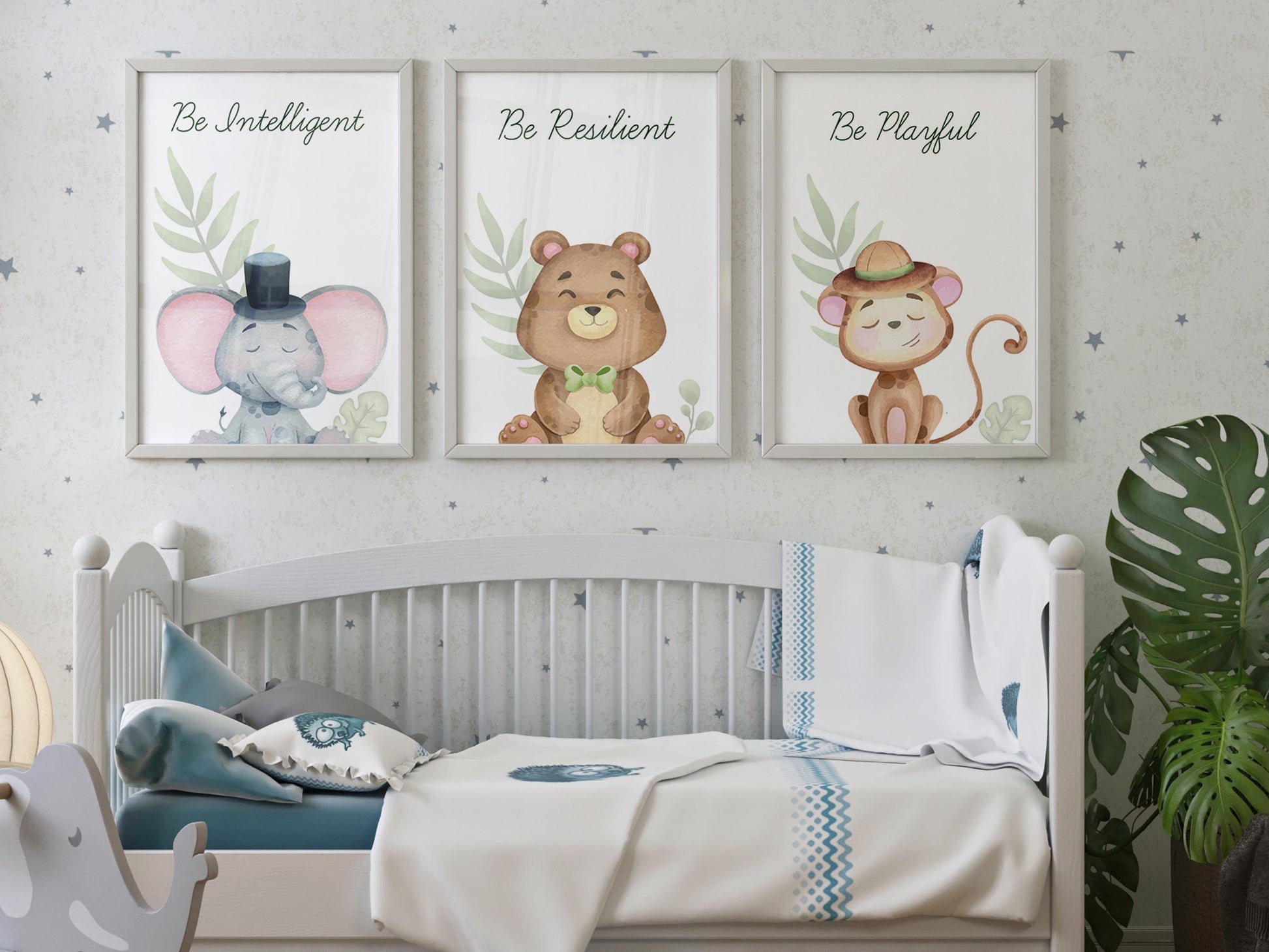 Set of 3 adorable animal prints for kids' room decor.