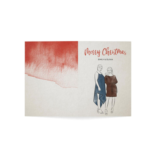 Custom 2- Persons | Line Art Drawing on Greeting Card with Clothing - Red Texture