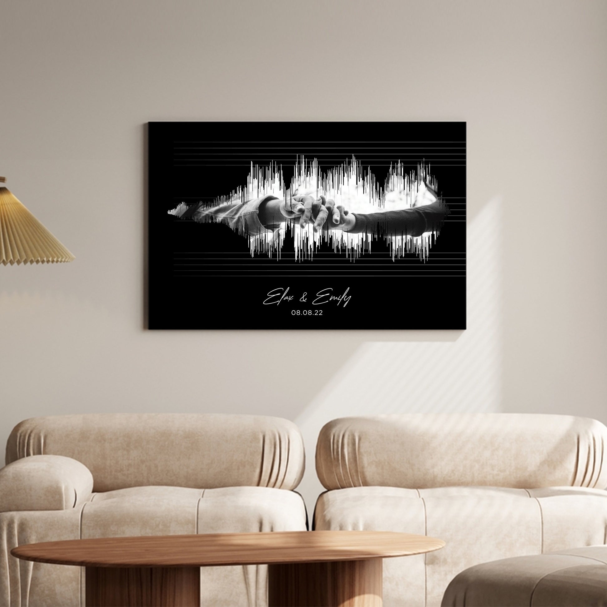 Custom soundwave art print gift on framed canvas wall decor.