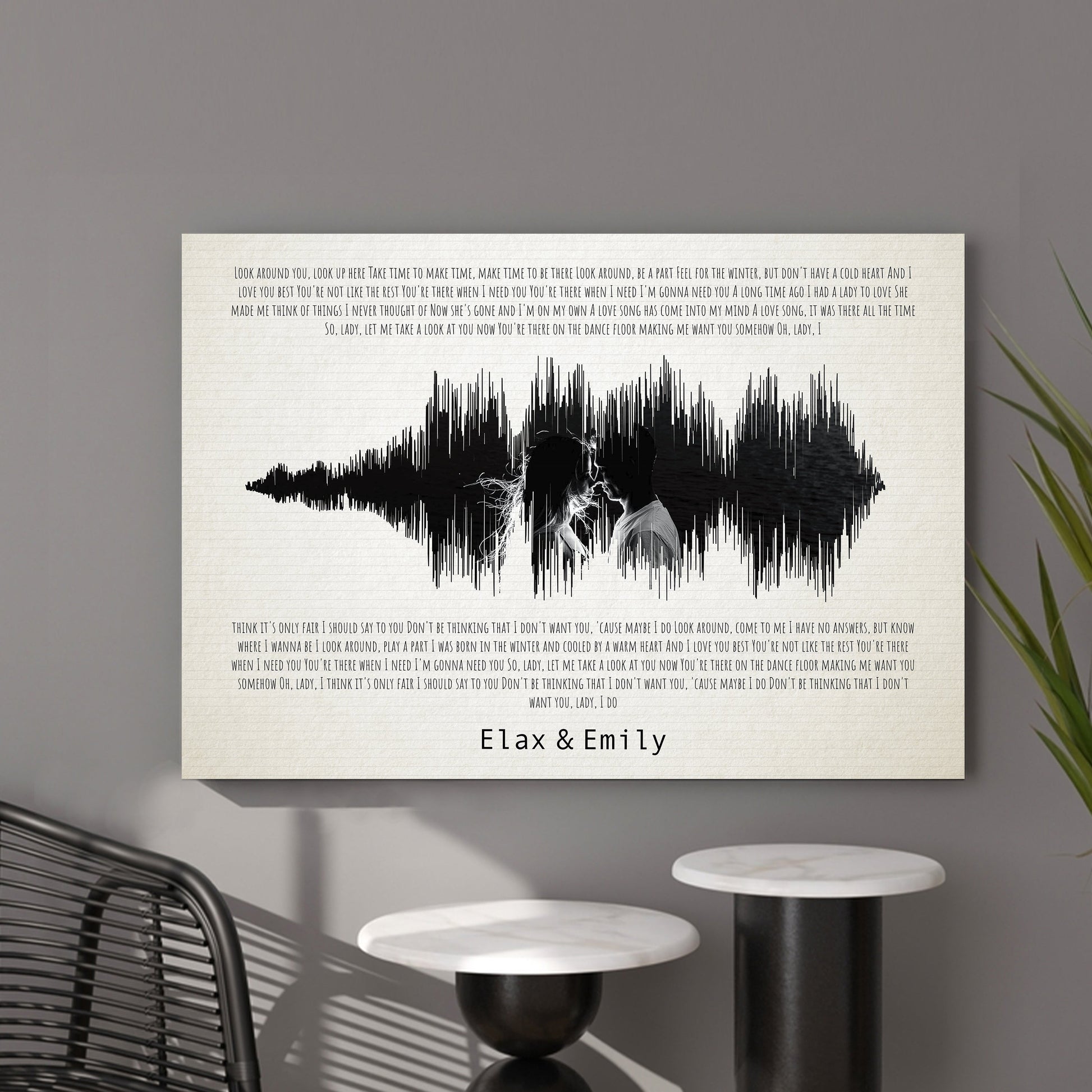 Custom soundwave wall art: Song lyrics transformed into unique visual gift.