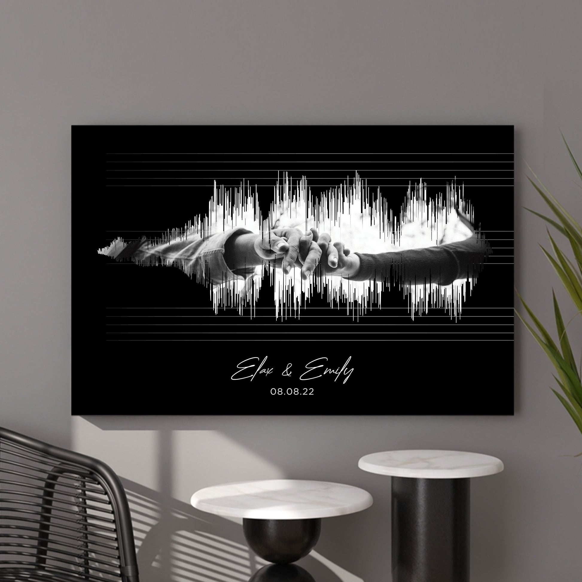 Custom soundwave wall art print in framed canvas, a heartfelt gift.