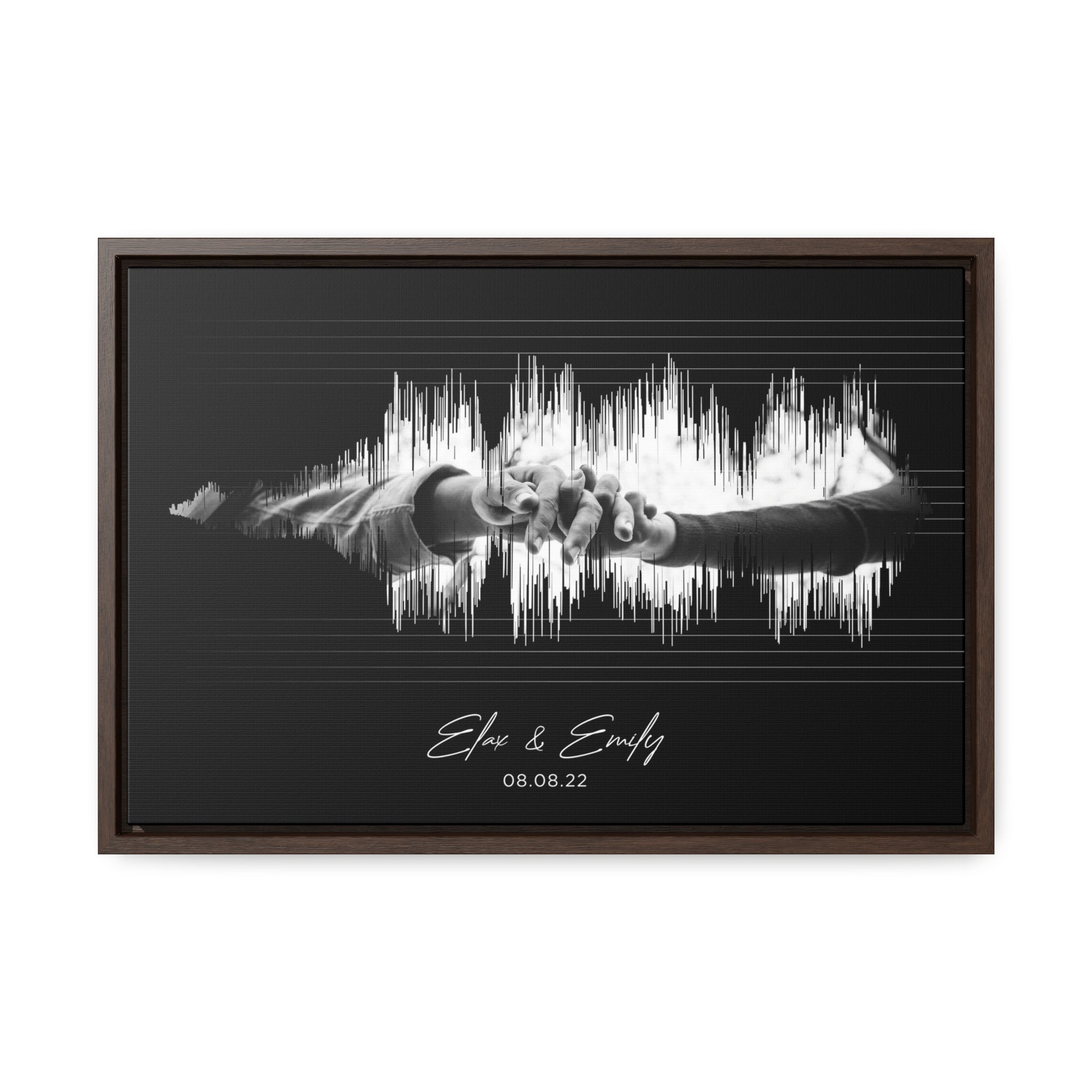Custom soundwave art: Framed canvas with personalized song lyrics.
