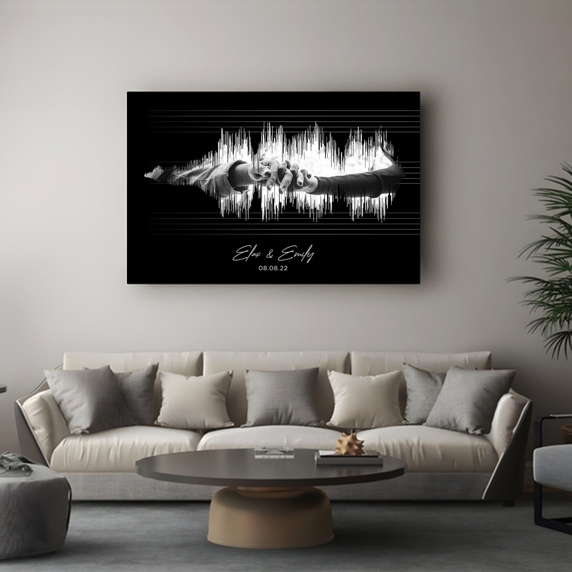 Custom soundwave Wall art print on framed canvas, a thoughtful personalized gift.