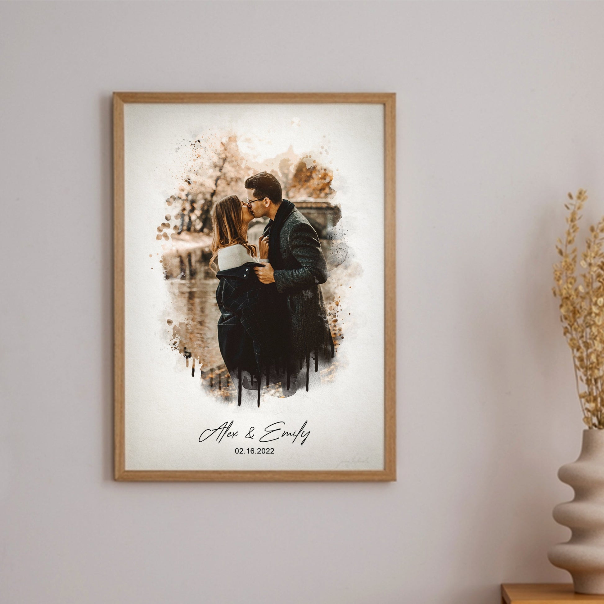 Happy couple embraces, framed canvas on wall, meaningful gift.