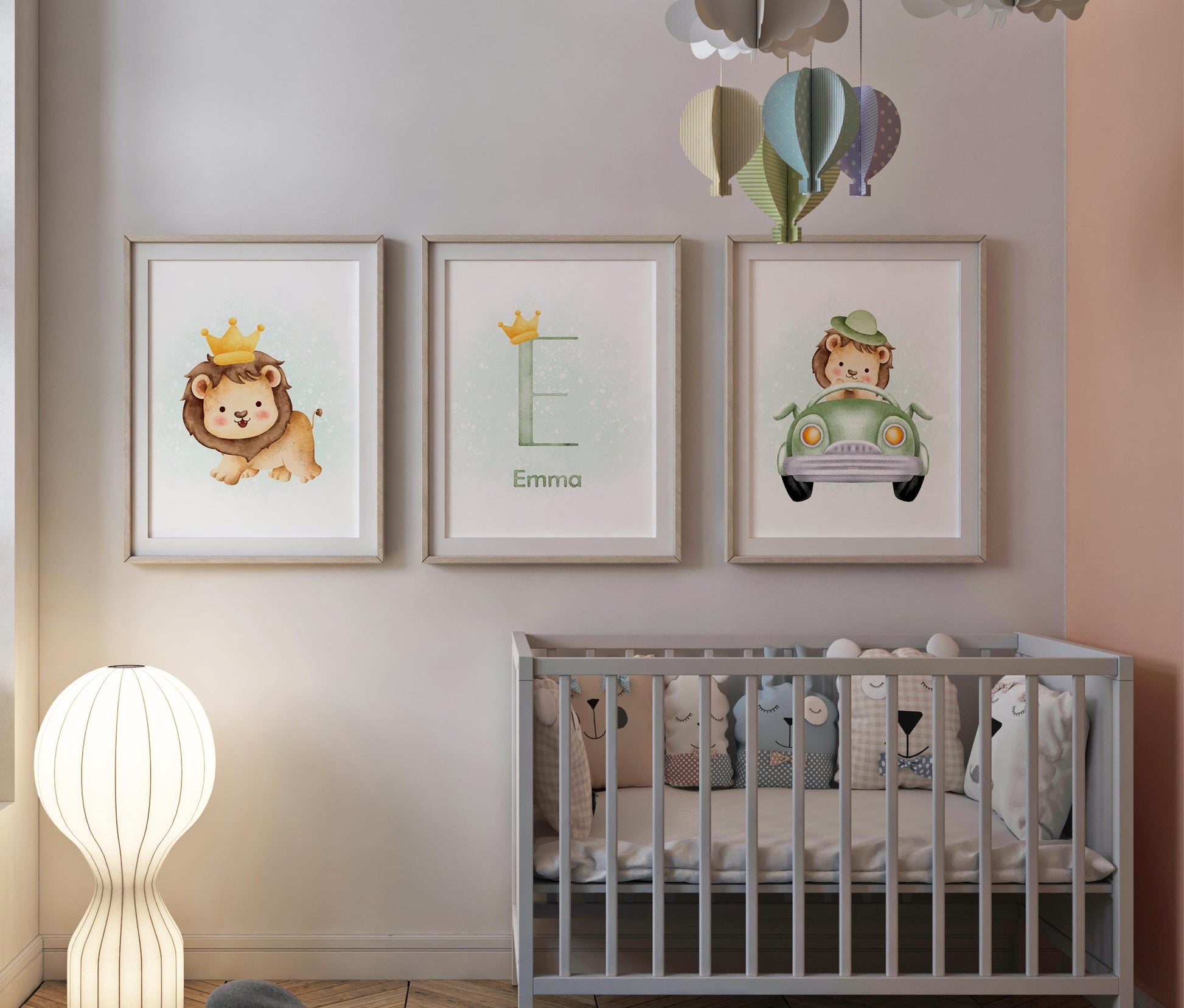 Set of 3 Personalized Name Initial Baby Shower Prints on wall for room decor.