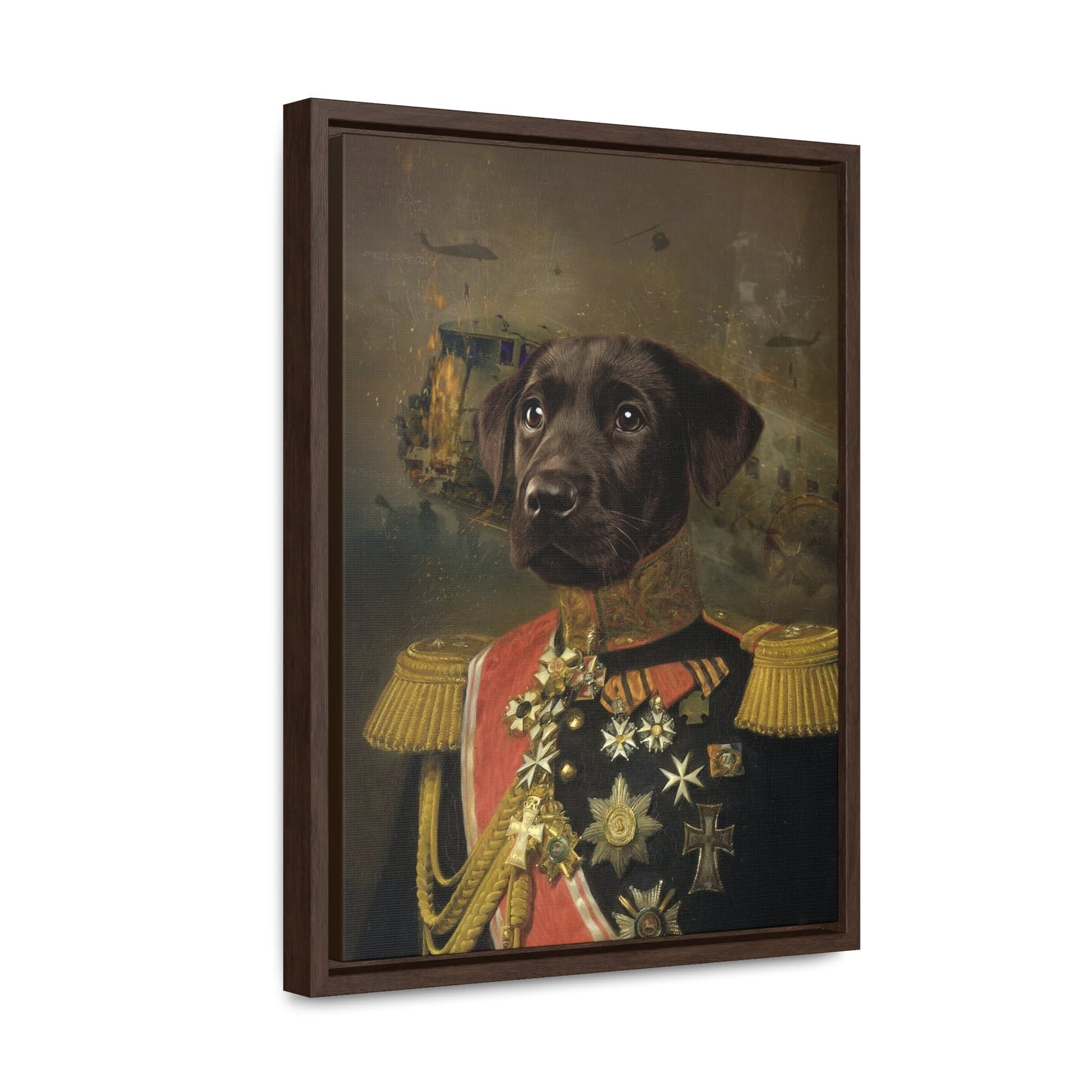 Royal dog on canvas, framed, exuding majesty and charm.