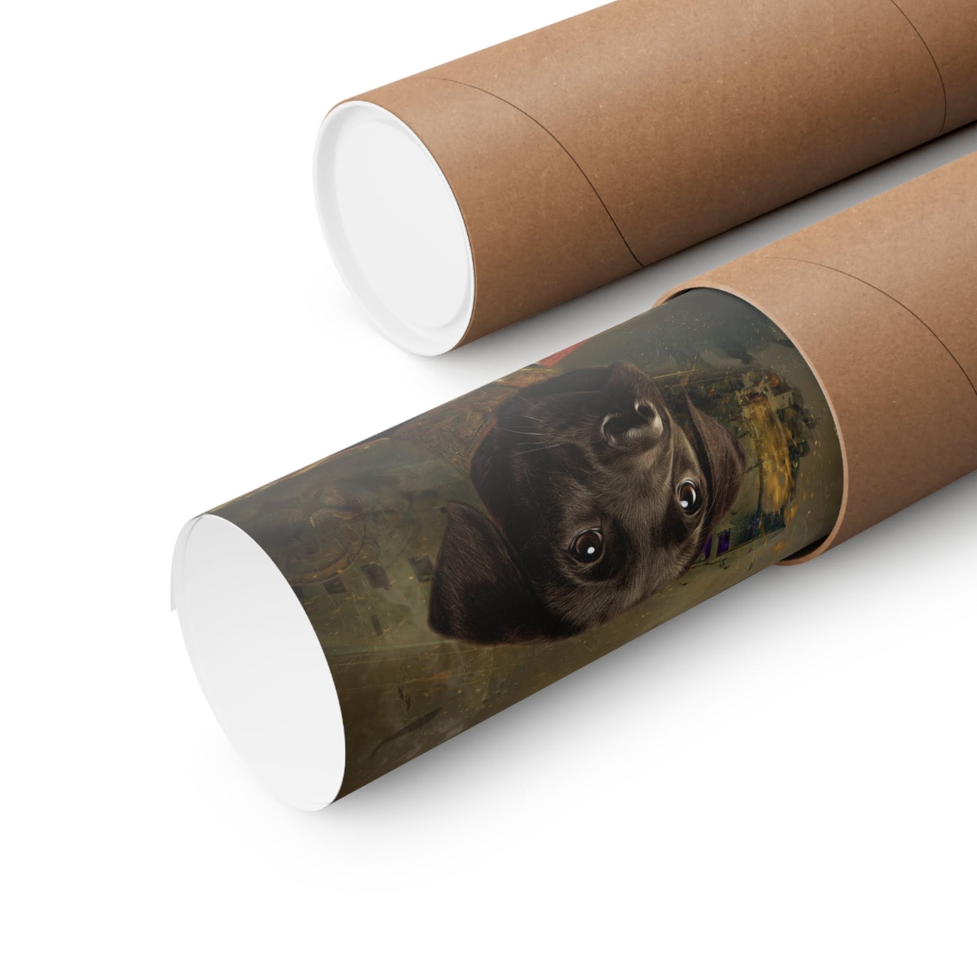 "Royal dog portrait on rolled canvas, exuding elegance and prestige."