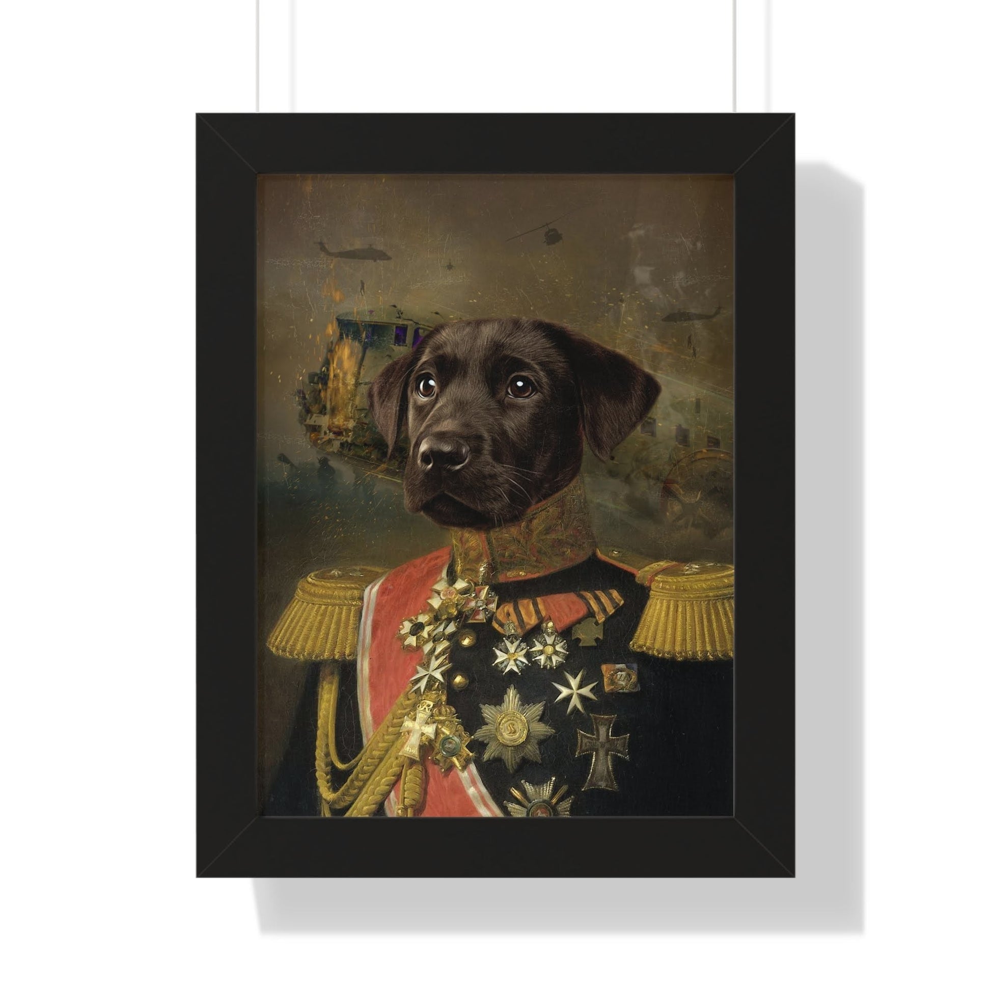"Royal dog portrait on canvas, framed, exuding timeless elegance."