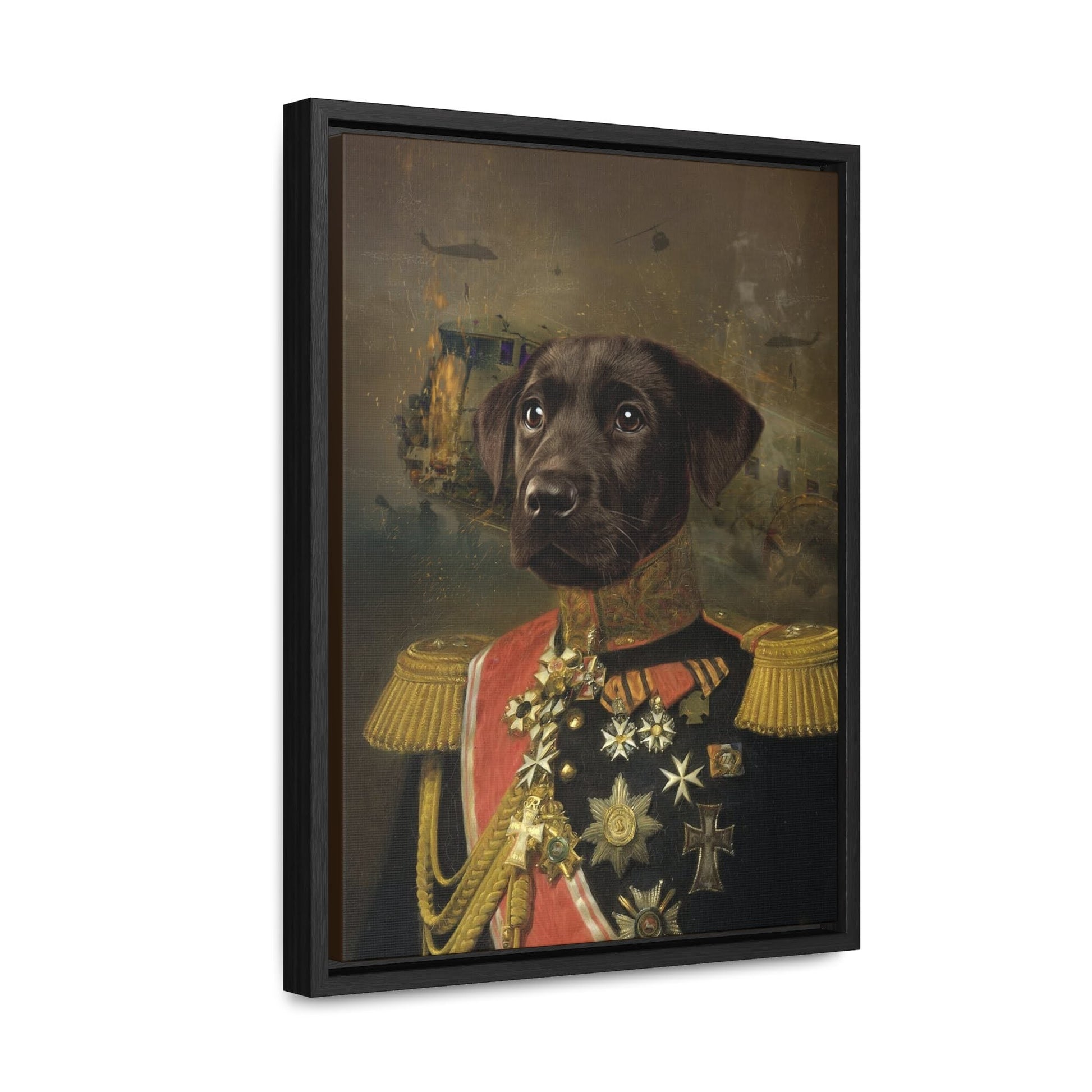 Royal dog portrait in ornate frame on canvas, exuding majesty.