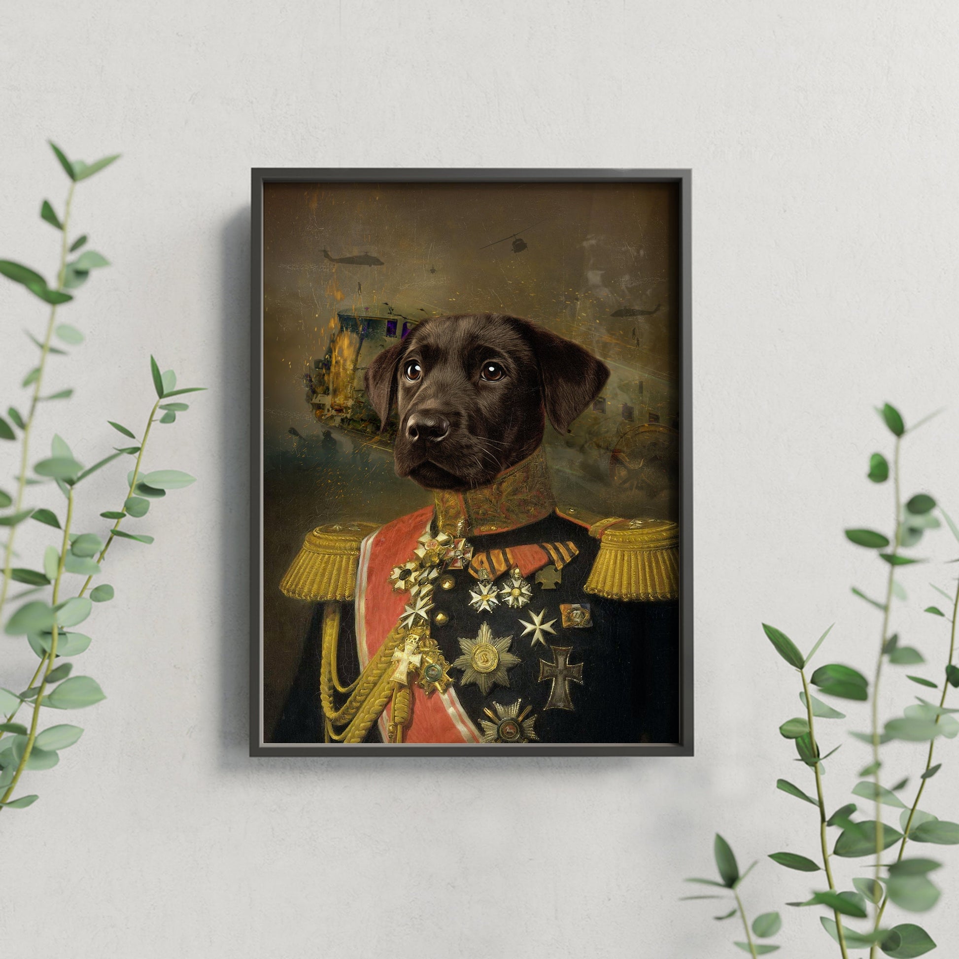 Royal dog portrait, framed on wall, exuding timeless elegance.