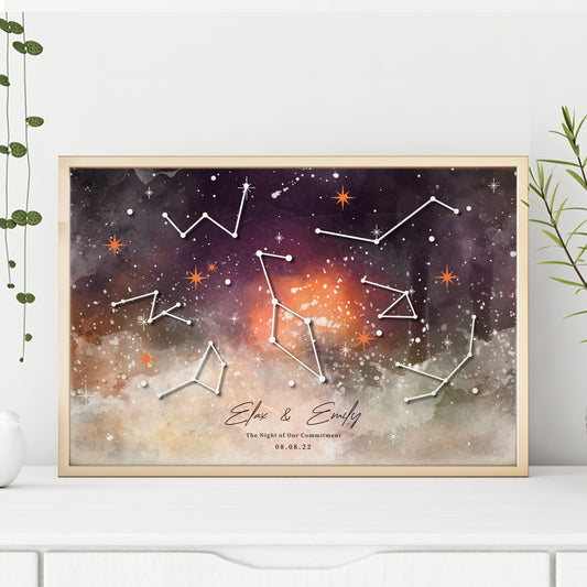 Personalized star map in frame, capturing special celestial moment.