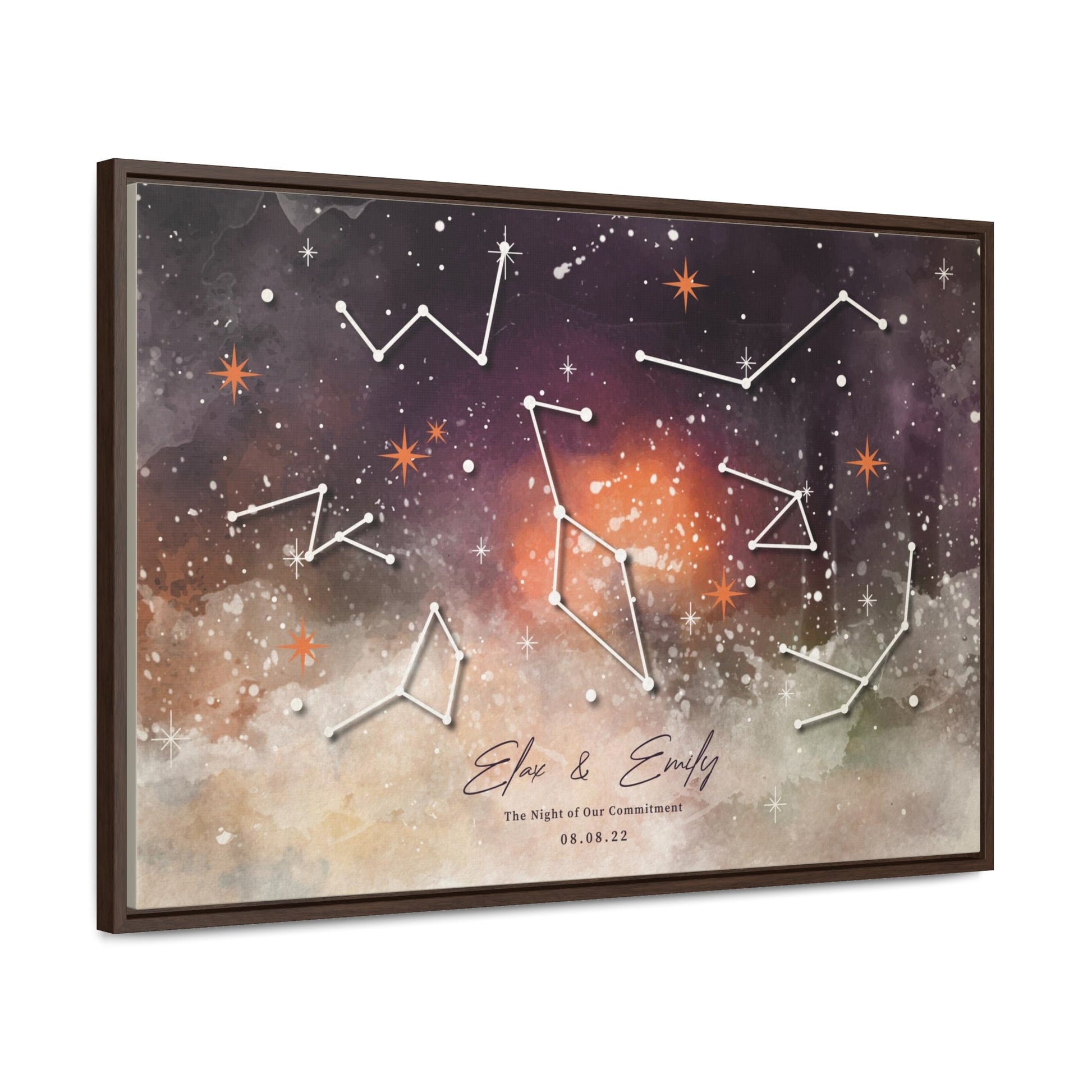Custom star map depicting night sky with personalized constellations.