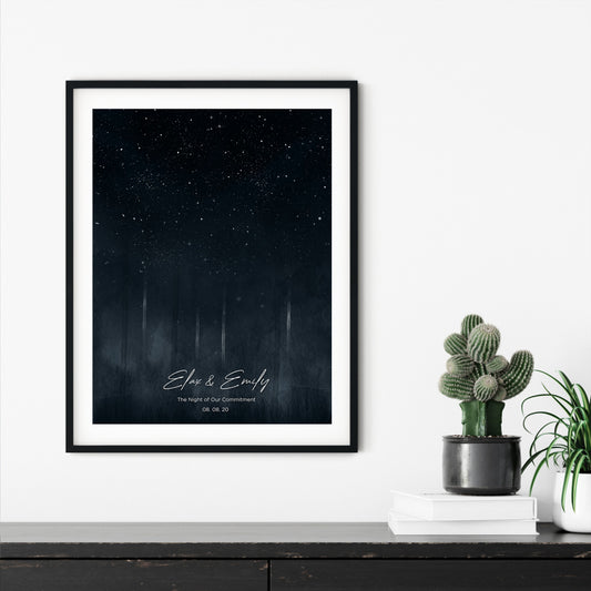Personalized star map on canvas on wall, a heartfelt gift displayed beautifully.