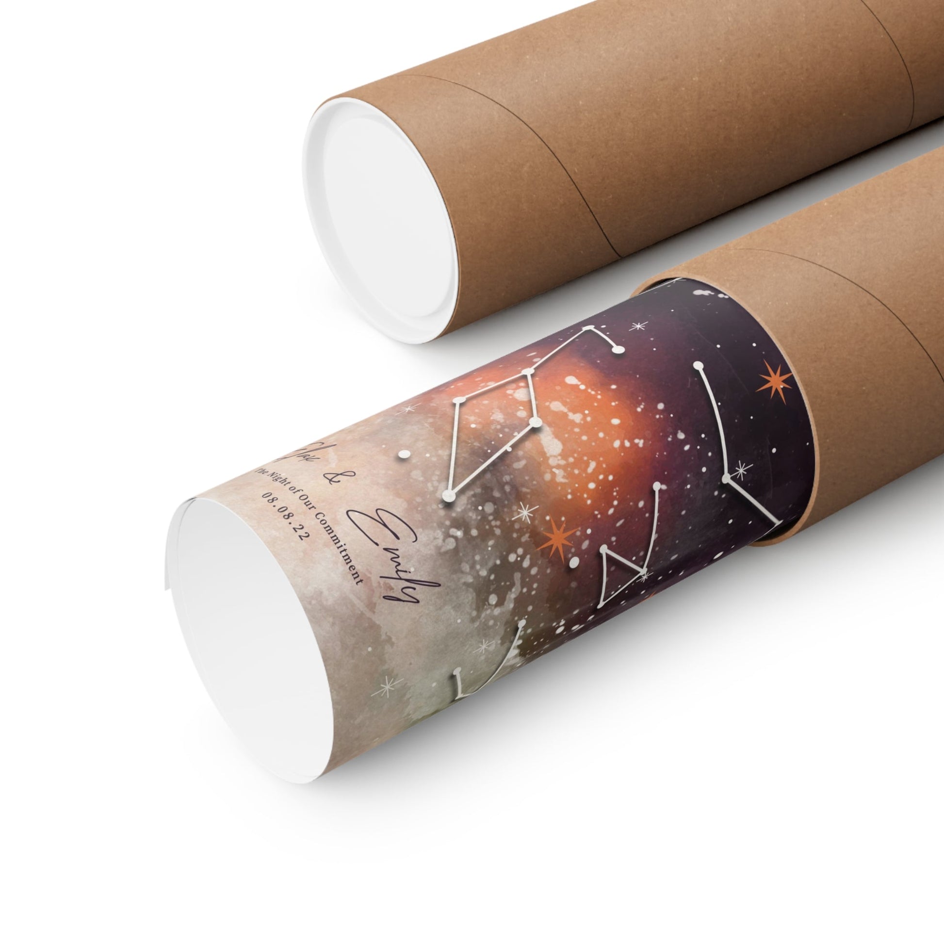 Personalized star map on rolled canvas, capturing cherished moment in the cosmos.