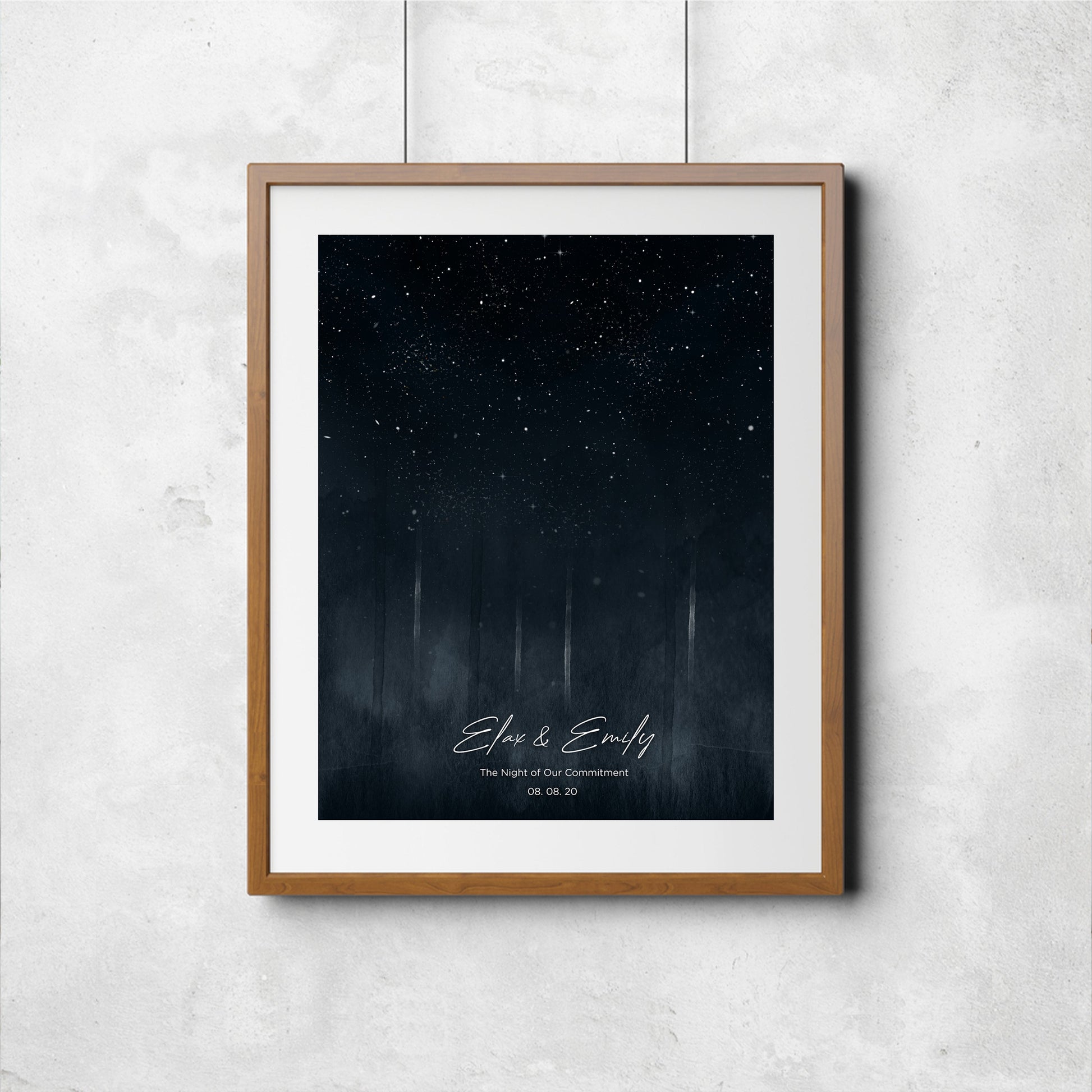 Personalized star map in frame on adorn wall: constellations of a cherished moment.
