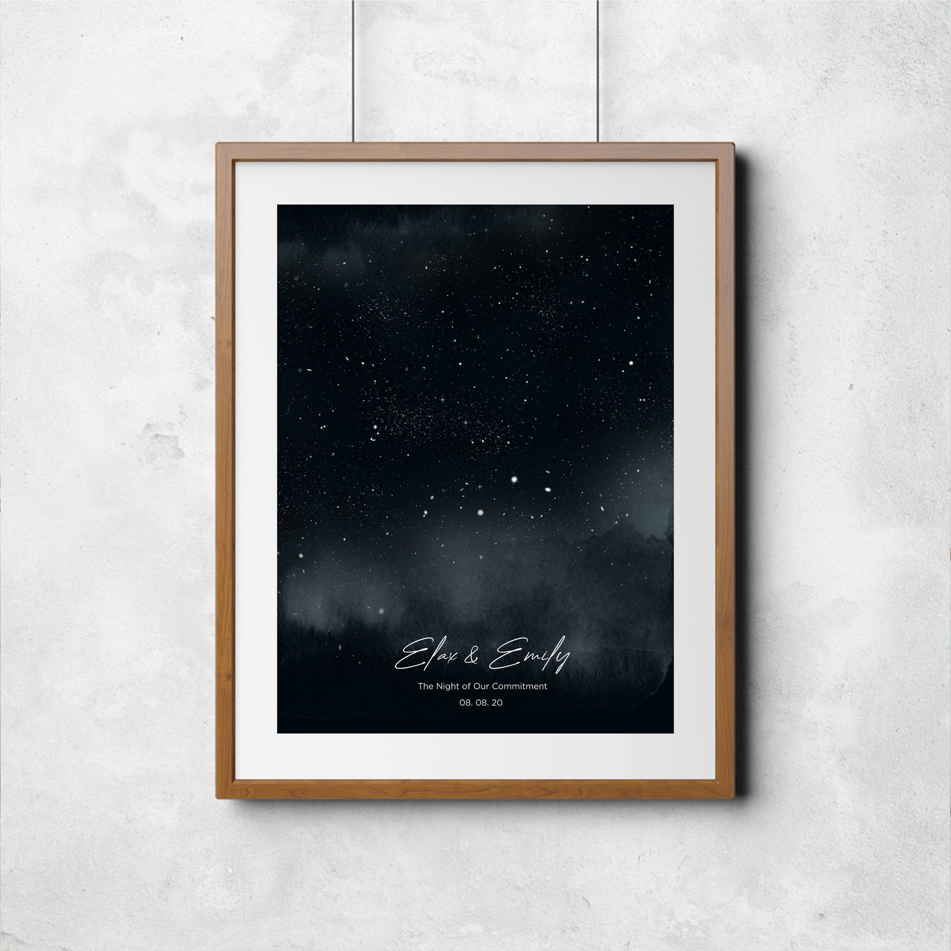 Custom star map portrait on wall, a personalized celestial gift.