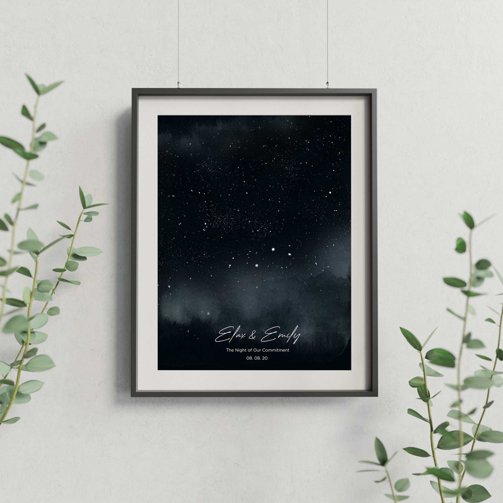 Custom star map gift: Personalized framed canvas portrait on wall.