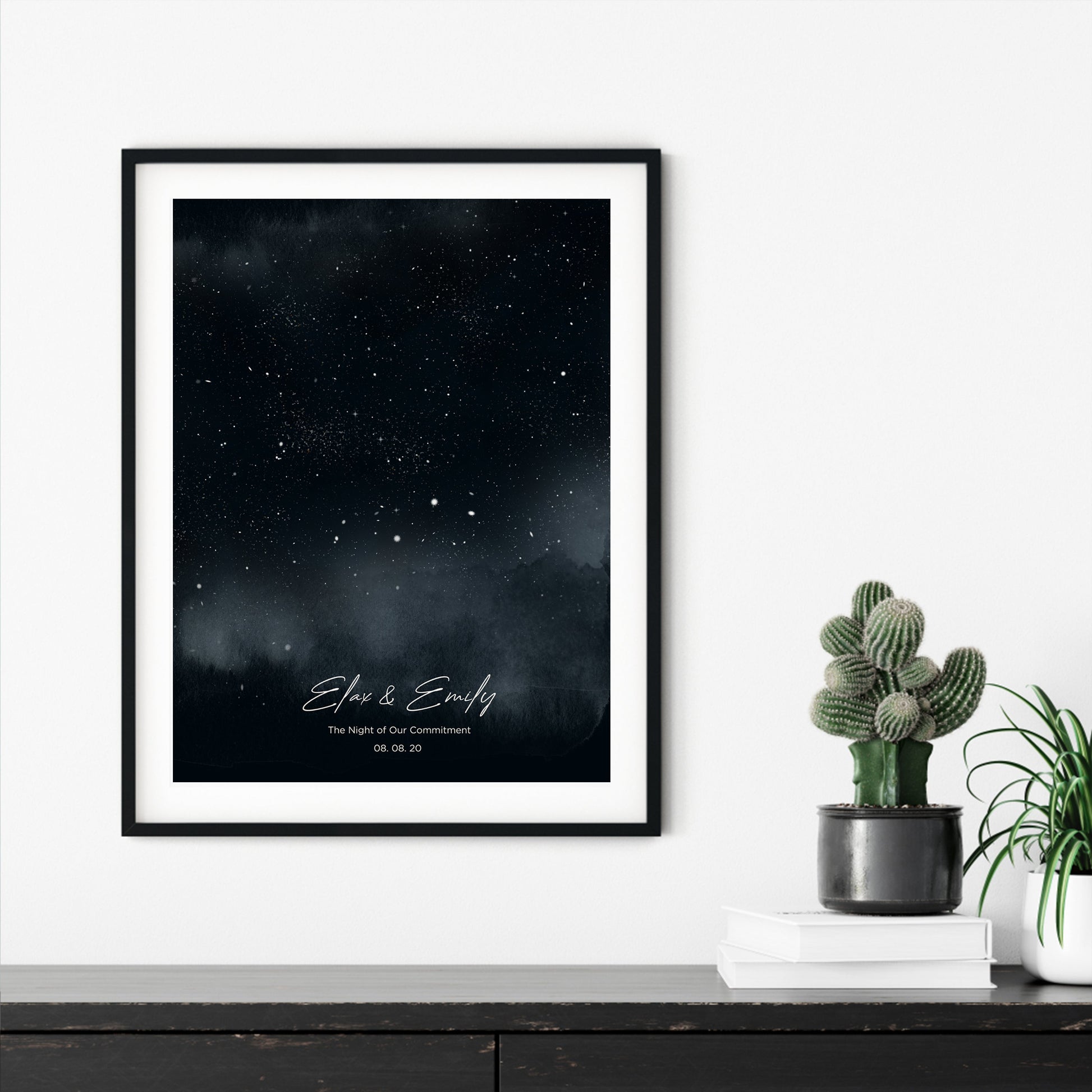 Personalized star map portrait, framed canvas on wall, celestial beauty.