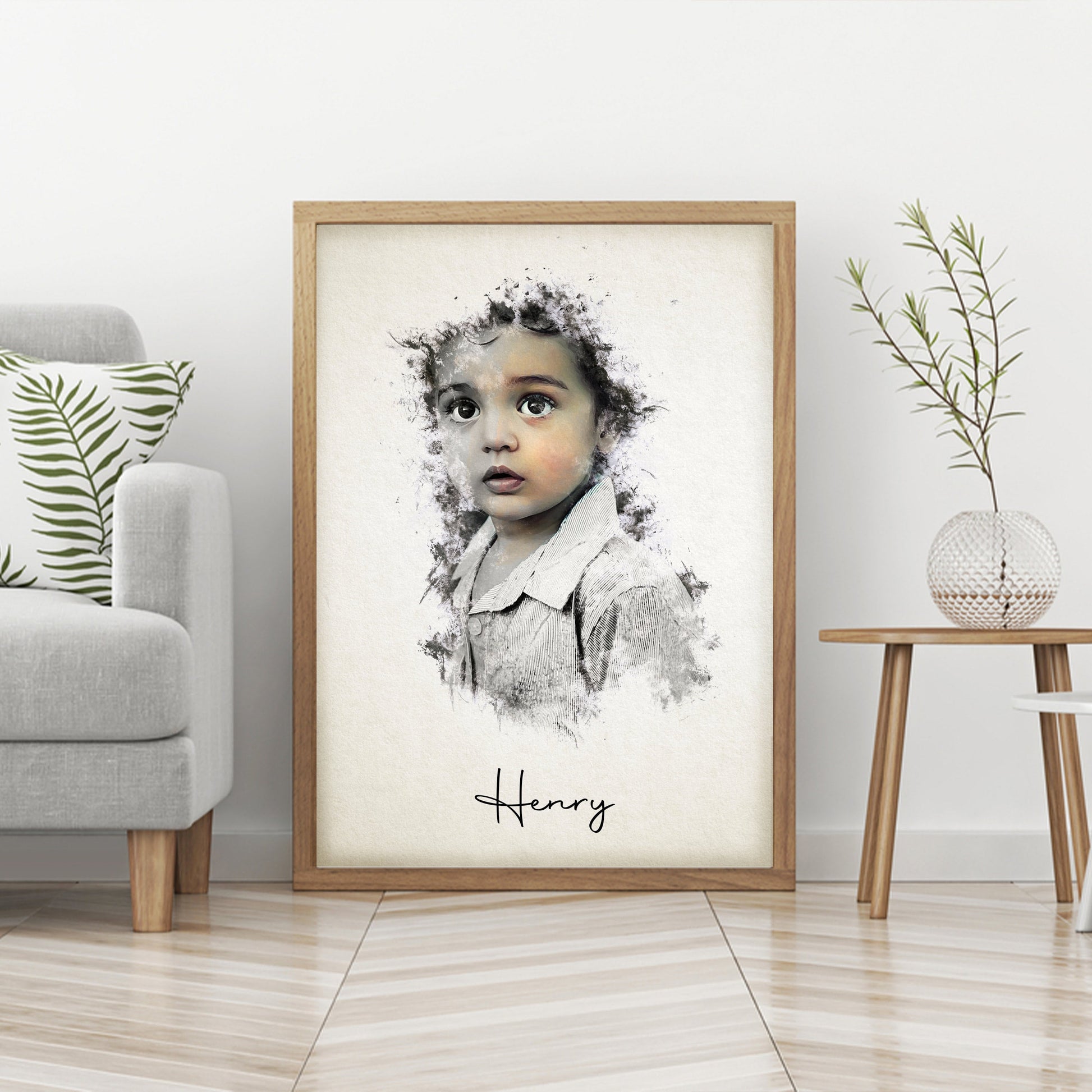 "Personalized baby portrait on wall in framed canvas at shower-child portrait
