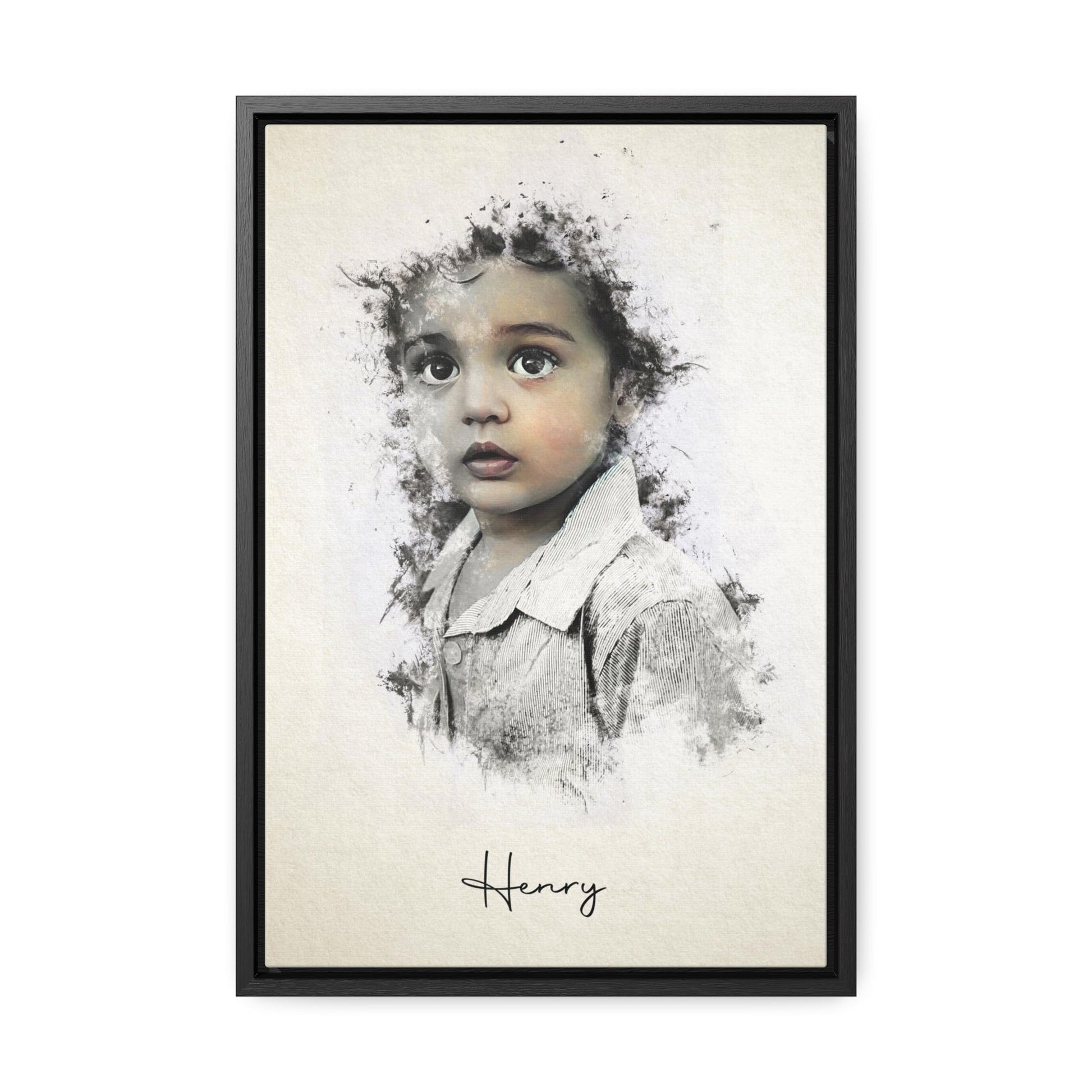 Personalized baby portrait on canvas, framed with care.