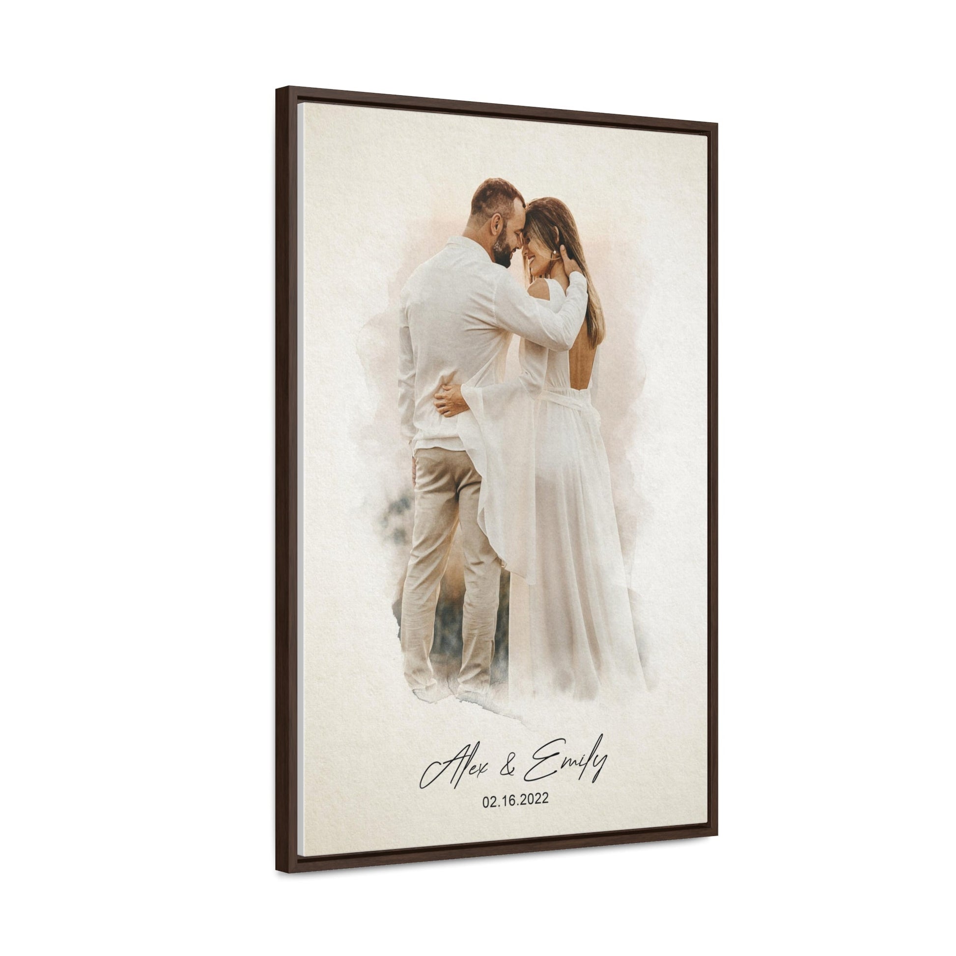 Romantic couple embraced in a loving moment, framed on wall.