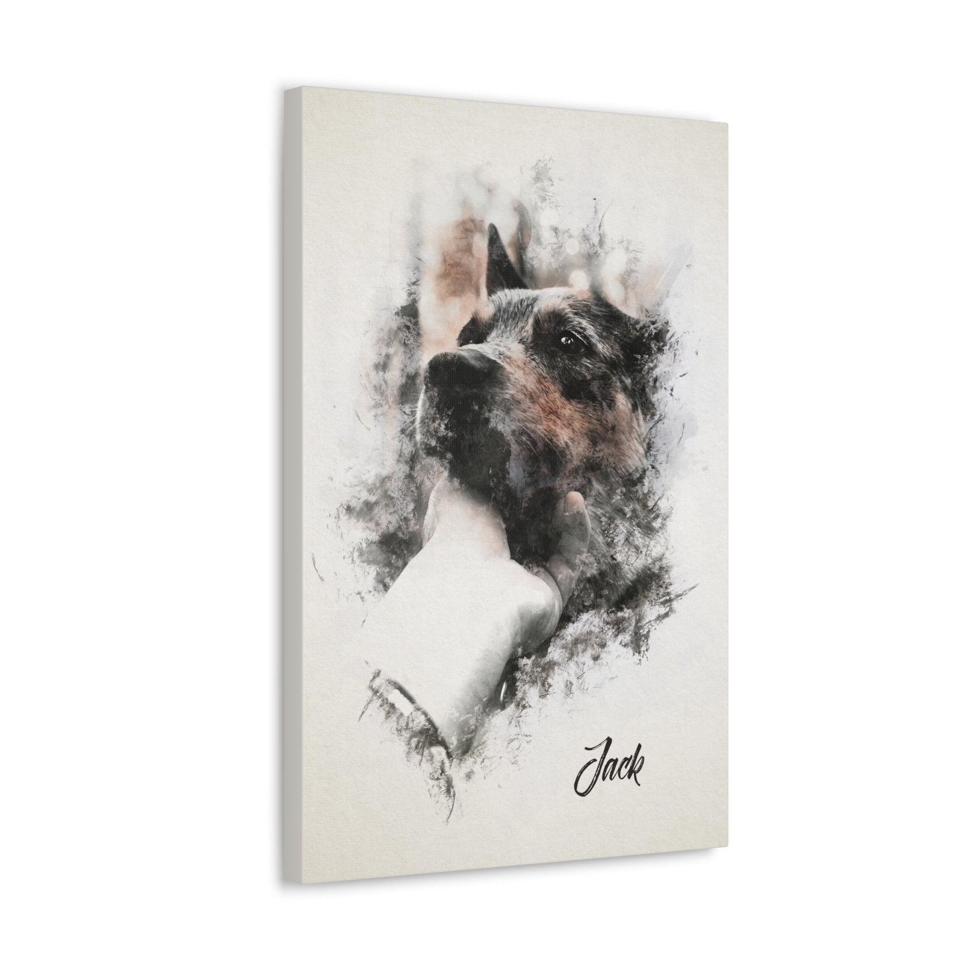 Customized dog portrait on canvas, beautifully stitched for personalization.