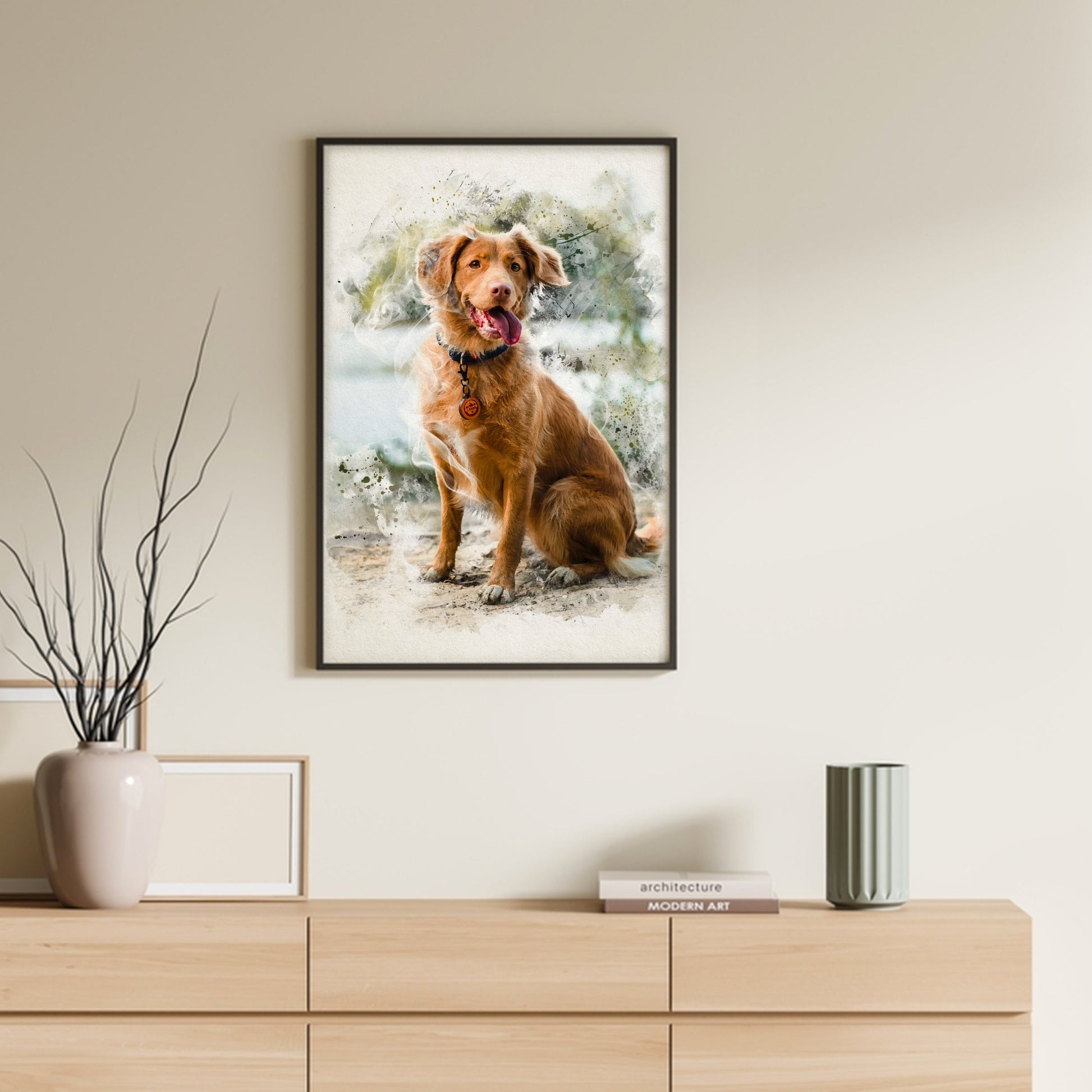 Custom pet portrait in frame canvas on wall, a personalized masterpiece-dog portrait