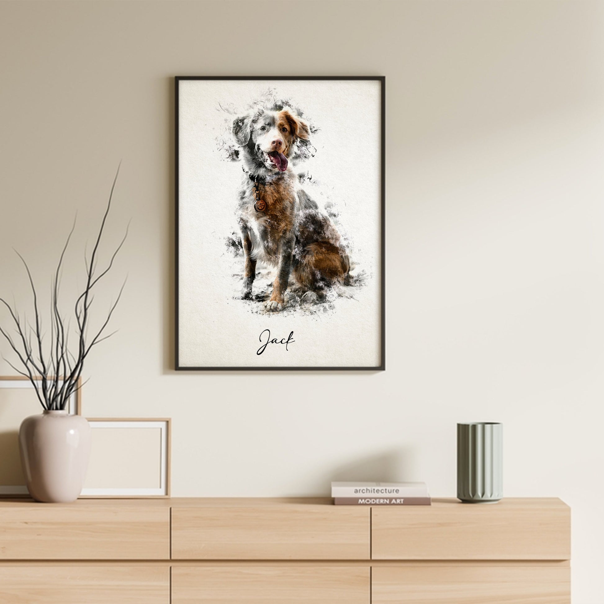 Custom pet portrait in frame canvas displayed elegantly on wall-dog portrait 