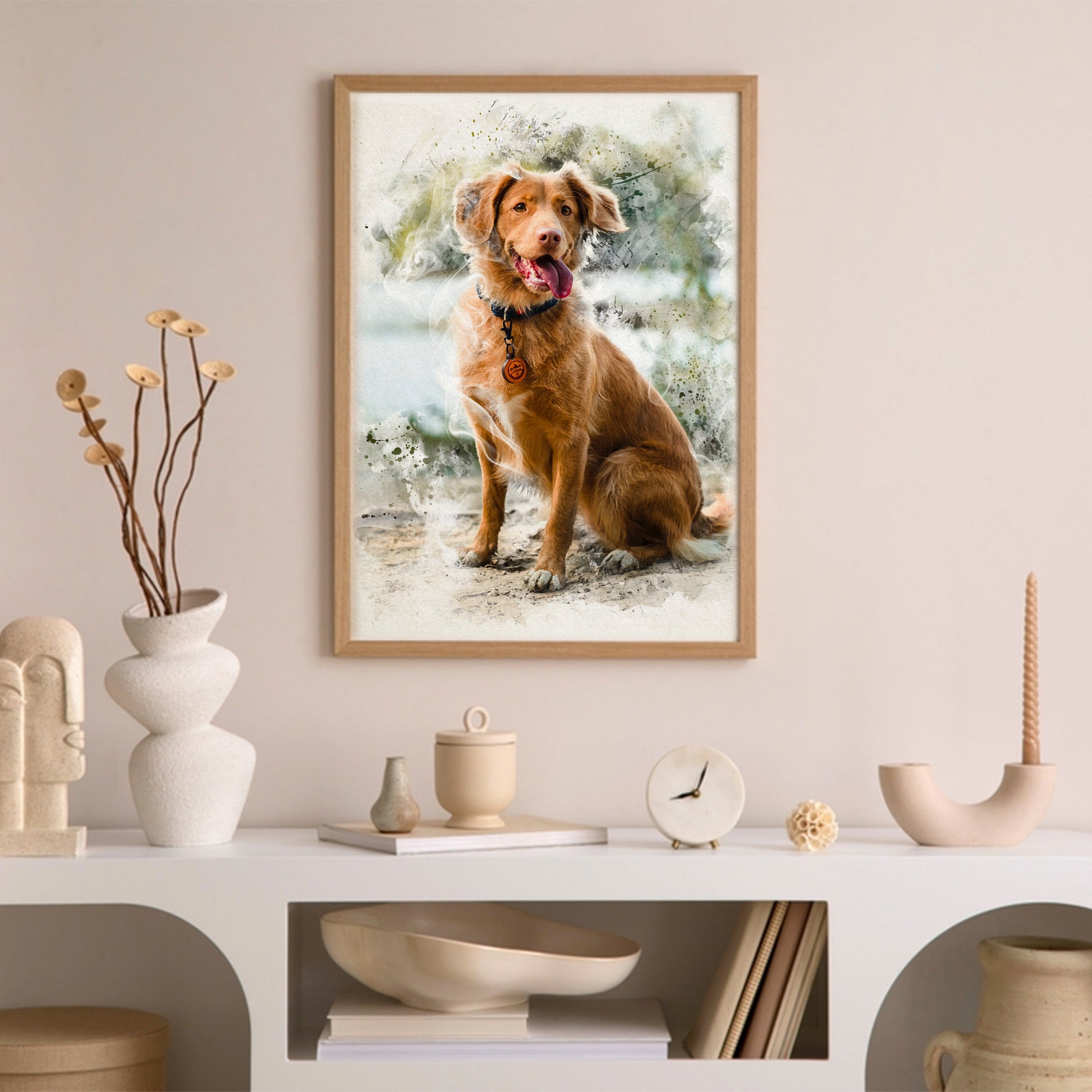 Custom pet portrait framed on wall canvas, personalized and charming-dog portrait