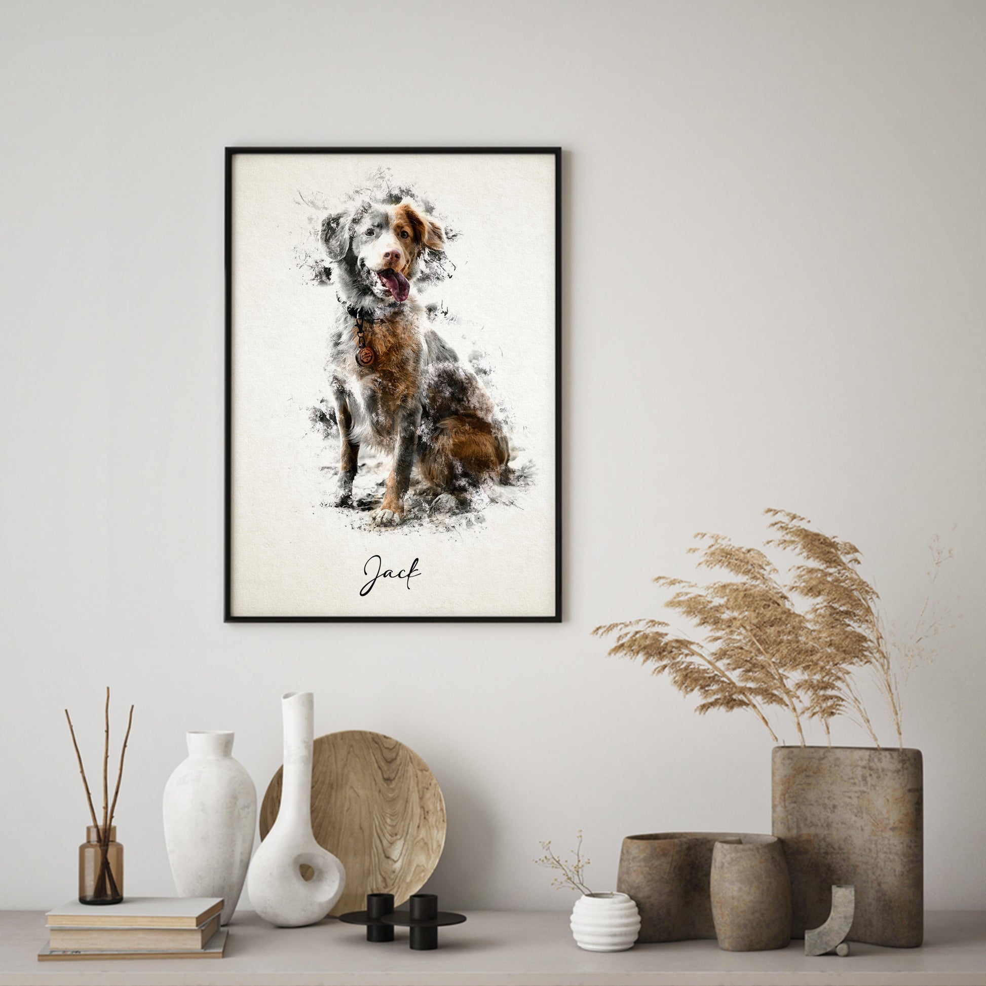 Custom pet portrait in frame canvas displayed elegantly on wall-dog portrait 