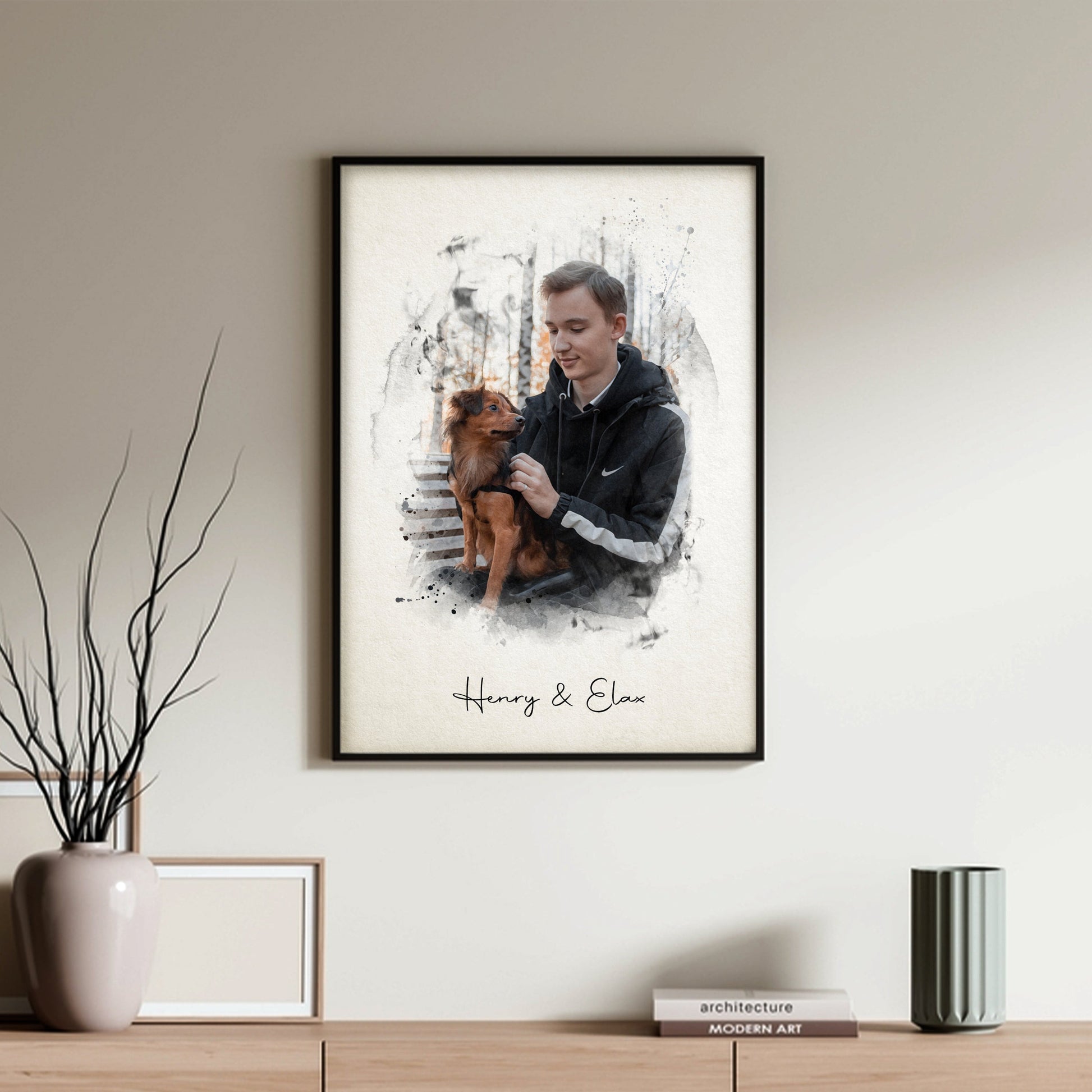 Custom memorial portrait of man with beloved dog on wall.